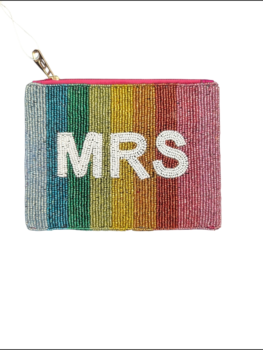 Beaded Rainbow 'MRS' Zip Cosmetic Pouch - Pink Trim